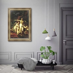 «Диана, окруженная нимфами, и Актеон» в интерьере классической гостиной с зеленой стеной над диваном