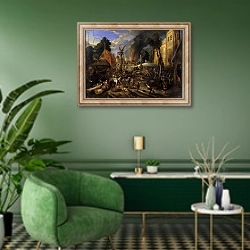 «Spanish Conquest of a Flemish Village» в интерьере гостиной в зеленых тонах
