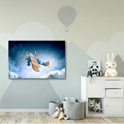 «Женщина в нарисованном самолете» в интерьере детской комнаты для мальчика с росписью на стенах