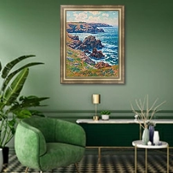 «La Terre De Cléden, Point De Raz, Finistère» в интерьере гостиной с зеленой стеной над диваном