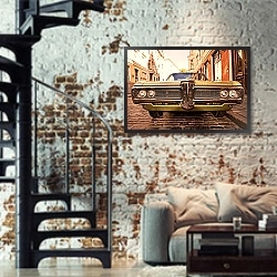 «Ретро-авто 3» в интерьере двухярусной гостиной в стиле лофт с кирпичной стеной