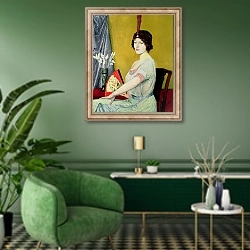 «The Japanese Fan, 1914» в интерьере гостиной в зеленых тонах