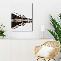 «Горное озеро, скалы и лес» в интерьере гостиной в скандинавском стиле над комодом