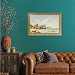 «Вид порта» в интерьере гостиной с зеленой стеной над диваном