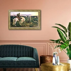 «The Knight at the Crossroads, 1882» в интерьере зеленой гостиной над диваном
