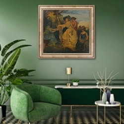 «The Fortune Teller, 1890-1900» в интерьере гостиной в зеленых тонах