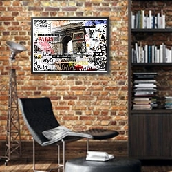 «Винтажная иллюстрация с Триумфальной аркой» в интерьере кабинета в стиле лофт с кирпичными стенами