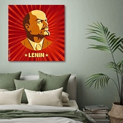 «Портрет В. И. Ленина в советском стиле» в интерьере современной спальни в зеленых тонах
