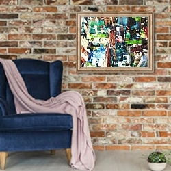 «Metropolis» в интерьере в стиле лофт с кирпичной стеной и синим креслом