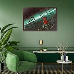 «Женщина в красном на болоте» в интерьере гостиной в зеленых тонах
