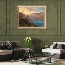 «Près de Seelisberg: a view of Lac de Lucerne seen from the Seelisberg, Switzerland, 1862» в интерьере гостиной в оливковых тонах