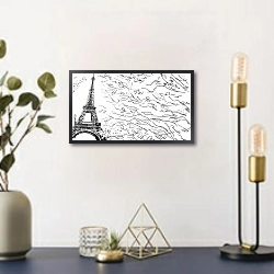 «Париж в Ч/Б рисунках #16» в интерьере в стиле ретро с бирюзовыми стенами