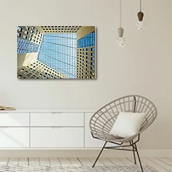 «Современные стеклянные здания» в интерьере белой комнаты в скандинавском стиле над комодом