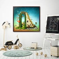 «Иллюстрация с лестницей и зеленой аркой» в интерьере детской комнаты для мальчика с самокатом