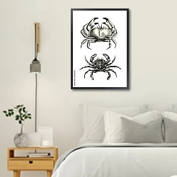 «Ретро-иллюстрация с крабами» в интерьере белой спальни в скандинавском стиле