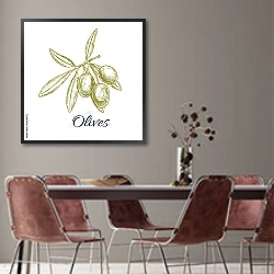 «Оливковая ветвь с зеленым оливки» в интерьере столовой с серыми стенами