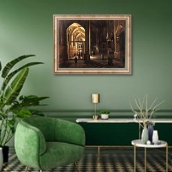 «The Interior of a Gothic Church» в интерьере гостиной в зеленых тонах