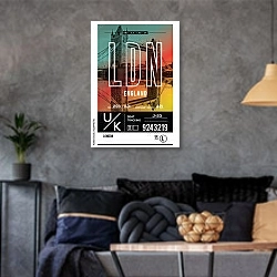 «Лондон, современный плакат» в интерьере гостиной в стиле лофт в серых тонах
