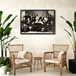 «Anton Chekhov with actors» в интерьере комнаты в стиле ретро с плетеными креслами