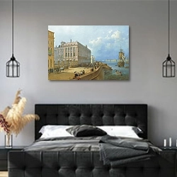 «Вид набережной и Мраморного дворца» в интерьере современной спальни с черной кроватью