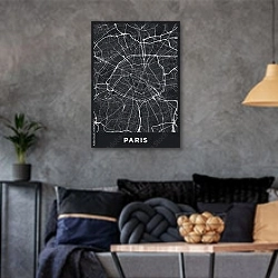 «Темная вертикальная карта Парижа» в интерьере гостиной в стиле лофт в серых тонах