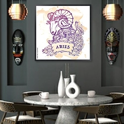«Знак зодиака Овен с декоративной рамкой из роз» в интерьере в этническом стиле над столом