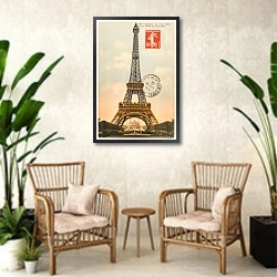 «Винтажная открытка с видом Парижа» в интерьере комнаты в стиле ретро с плетеными креслами