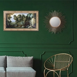 «Пейзаж с сатирами» в интерьере классической гостиной с зеленой стеной над диваном
