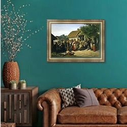 «Хоровод в Курской губернии. 1860» в интерьере в классическом стиле с зеленой стеной