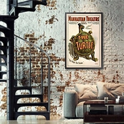 «The turtle» в интерьере двухярусной гостиной в стиле лофт с кирпичной стеной