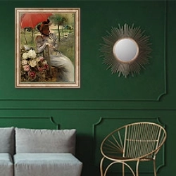 «Красный зонтик» в интерьере классической гостиной с зеленой стеной над диваном