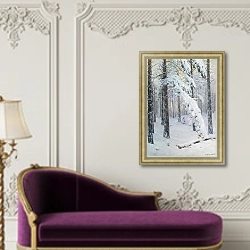 «Лес зимой» в интерьере в классическом стиле над банкеткой