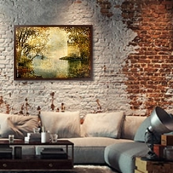 «Швейцария. Состаренное фото Шильонского замка» в интерьере гостиной в стиле лофт с кирпичной стеной