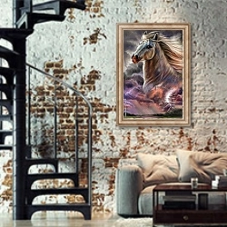 «Лошадь и буря » в интерьере двухярусной гостиной в стиле лофт с кирпичной стеной