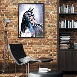«Черный конь, акварель» в интерьере кабинета в стиле лофт с кирпичными стенами