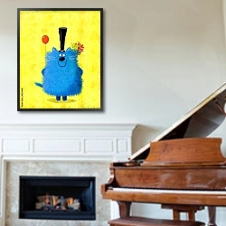 «Синий кот с цветами в руках и воздушным шаром» в интерьере классической гостиной над камином