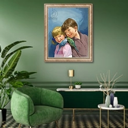 «Boy and girl with budgerigars» в интерьере гостиной в зеленых тонах