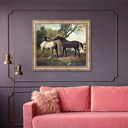 «Two Horses in a landscape» в интерьере гостиной с розовым диваном