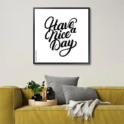 «Have a nice day» в интерьере в скандинавском стиле с желтым диваном