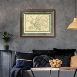 «Карта Европы, включая европейскую часть России, 1828 г. 1» в интерьере гостиной в стиле лофт в серых тонах