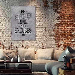 «Be stronger than your excuses» в интерьере гостиной в стиле лофт с кирпичной стеной