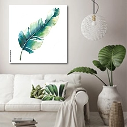 «Акварельный одиночный тропический лист.» в интерьере светлой гостиной в скандинавском стиле над диваном