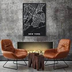 «Темная карта Нью-Йорка» в интерьере в стиле лофт с бетонной стеной над камином