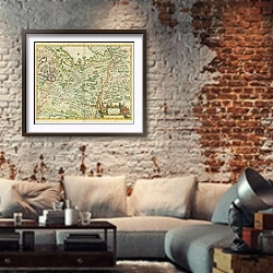 «Карта России, 1680 г.» в интерьере гостиной в стиле лофт с кирпичной стеной