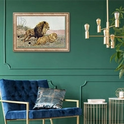 «Lion and Lioness 1» в интерьере в классическом стиле с зеленой стеной