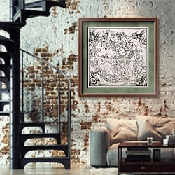 «Map of the Northern Sky with representations of the constellations, decorated, c.1515» в интерьере двухярусной гостиной в стиле лофт с кирпичной стеной