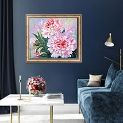 «Розовый куст пионов» в интерьере в классическом стиле в синих тонах