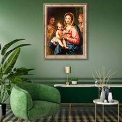 «Madonna and Child with Two Angels, 1770-73» в интерьере гостиной в зеленых тонах