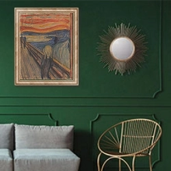 «The Scream, 1893» в интерьере классической гостиной с зеленой стеной над диваном