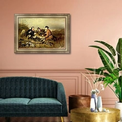 «Hunters, 1816» в интерьере классической гостиной с зеленой стеной над диваном